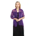 Elegant purple mesh shawl with sequins and long fringe detail for evening dresses - Deep purple