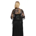 Back view of a black sheer lace shawl with sequins and fringe tassels for evening gowns. - Black