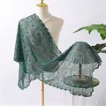 Detail view of elegant green floral sequin embroidered lace shawl wrap - Dark Green