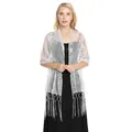 Detail view of a white sequin fringe shawl for evening party dresses and weddings. - White