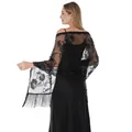 Close-up of black sequin floral embroidery and tassel fringe on elegant mesh shawl - Shawl / Black