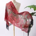 Red and black sunflower sequin embroidered shawl with fringe for formal evening wear - Black + Red