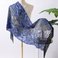 Blue sequined embroidered floral shawl with elegant black fringes for party wear - Black and Blue