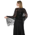 Back view of black sequin sunflower embroidered lace shawl with fringe detail - Black