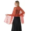 Detailed back view of an elegant red lace shawl featuring gold sequin phoenix embroidery - Red + Gold