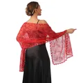 Detailed back view of red sequin embroidered paisley lace shawl for evening dresses - Red