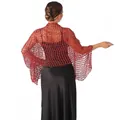 Detailed back view of red sequin mesh shawl worn over a black satin evening dress. - Red