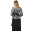 Back view of elegant silver sunflower sequin shawl with fringes for evening dress - Black & Silver