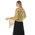 Detailed back view of gold sunflower sequin embroidered shawl with elegant fringe - Gold