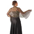 Detail of golden sequin mesh shawl worn over black satin evening dress for parties - Black and Gold
