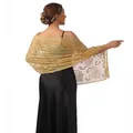 Close-up of golden lotus sequin embroidery on an elegant sheer mesh evening shawl - Gold