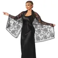 Detailed view of elegant black lace shawl with lotus sequin embroidery for evening dresses - Black