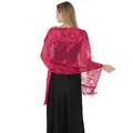 Detailed view of a fuchsia sequined floral shawl with tassels worn over a black dress - Rose Red