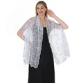 Close-up of elegant silver sequin embroidered floral mesh shawl for wedding and evening gowns - White