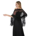 Elegant black mesh shawl featuring sequin floral patterns and fringe for formal evening wear - Black