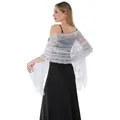 Silver sequined lace shawl with floral embroidery and elegant tassels for evening party - White