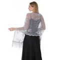 Elegant silver-grey sheer mesh shawl with floral sequin embroidery and fringe trim - Shawl / Silver