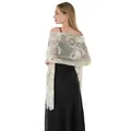 Elegant champagne sunflower sequined embroidery shawl with fringe for evening gowns. - Beige