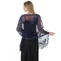Elegant navy blue sheer sequin embroidered floral shawl with fringe tassels for evening gowns - Shawl / Navy Blue