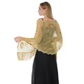 Elegant gold sequin floral embroidered tassel shawl for evening party dresses. - Shawl / Gold