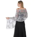 Elegant silver mesh shawl with large floral sequin embroidery for evening party dresses - Silver