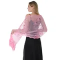 Elegant pink sequin embroidered tassel shawl for evening dresses and bridal wear - Shawl / Pink
