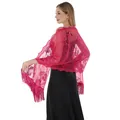 Elegant rose pink sequined floral mesh shawl with long fringe for wedding parties - Shawl / Rose Red