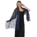 Elegant navy blue sequin embroidered lace shawl wrap for formal evening dresses and gowns. - Navy Blue