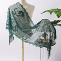 Dark green floral sequin embroidered tassel shawl wrap for formal bridal evening party - Shawl / Dark Green