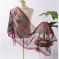 Eleganter schwarzer Netzschal mit roter Pailletten-Schmetterlingsstickerei für Abendkleider - Schwarz und Rot