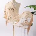 Elegant champagne tulle shawl with sequin floral embroidery and tassel fringe for evening wear - Shawl / Champagne Gold