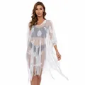Front view of white lace beach cover-up dress with fringe details - One Size / Robe / White