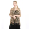 Detailed front view of elegant gold sequined mesh shawl with long tassels on a model - Above 175cm / Gold