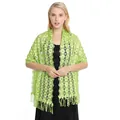 Close-up view of elegant green lace evening shawl with floral embroidery and tassels - Autumn Green