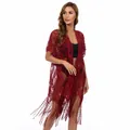 Elegante lange rode kanten strandcardigan met decoratieve kwastjes voor dames op het strand - Eén maat / Robe / Bordeauxrood