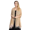 Elegant champagne beige chiffon shawl wrap with intricate lace tassels on model - Champagne