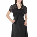 Detailed view of an elegant black floral lace bolero shrug with tie-front on a model. - Tops / Black