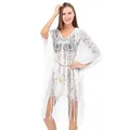 White lace beach cover up dress with fringes and belt for summer bikini - One Size / Paisley White (With Belt) / White