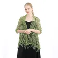 Detailed shot of a light green sequined mesh shawl with elegant tassel fringe details - Above 175cm / Autumn Green