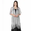 Elegant metallic silver lurex shawl with delicate fringe trim and shimmering finish - White