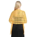 Back view of yellow floral embroidered lace shawl worn over a black evening dress. - Yellow