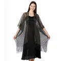 Detailed view of shimmer metallic thread shawl with fringe for evening party dresses - Black + Gold Wire