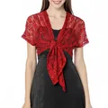 Detailed view of women's red floral lace shrug bolero with elegant front tie design - Tops / Burgundy