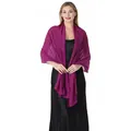 Detailed view of an elegant purple chiffon shawl draped over a black satin dress. - Rose Purple