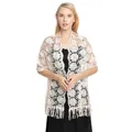 Detail view of an elegant lace evening shawl with intricate floral embroidery and tassels. - Leaf Beige