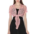 Close-up of pink floral lace texture and tie-front closure on a short-sleeved shrug - Tops / Dusky Pink