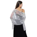 Detailed back view of a silver sequined embroidered shawl for evening dresses - Silver