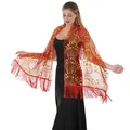 Detailed view of red sequin peacock embroidery shawl with fringe for evening dresses - Red + Gold