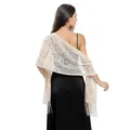 Back view of elegant beige floral lace shawl with tassels for formal evening gowns - Beige