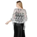 Macro detail of elegant silver sequined lace shawl wrap for evening bridal dresses - White
